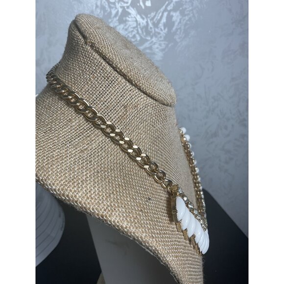 J Crew White & Gold Statement Necklace With Chain & Rhinestone Accents - Picture 3 of 4